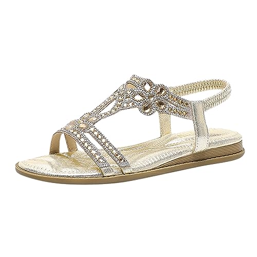 Aoklidil Schuhe Damen Sommer Elegant Flache Blau Strass Bohemia T-Riemen Frauen Sandalen Weichen Sohlen Sommerschuhe Damen Bequem Gummiband Slingback Sandalen Mädchen Strandschuhe (A1-Gold, 42) von Aoklidil