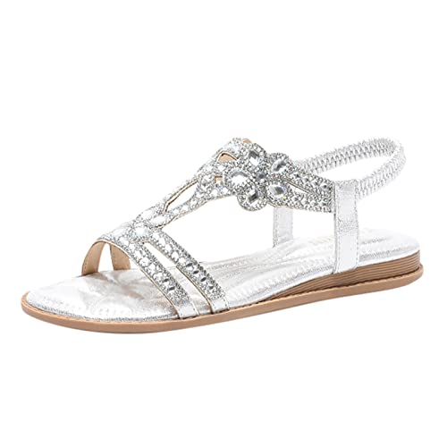 Aoklidil Schuhe Damen Sommer Flache T-Riemen Bohemia Strasssteine Frauen Elegant Sandalen Weichen Sohlen Sommerschuhe Damen Bequem Gummiband Slingback Sandalen Mädchen Strandschuhe (A1-Silver, 38) von Aoklidil