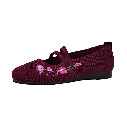 Ballerina Damen Flache Schuhe Runde Zehe Strick Kleid Schuhe Niedriger Keil Slip On Ballerina Walking Flats Schuhe für Frauen Sommerschuhe Damen Bequem (A3-Wine, 40) von Aoklidil