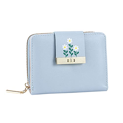 Geldbörse Damen Portemonnaie Damen Fashion ID Short Wallet Flowers Print Solid Color Frauen Zipper Purse Mehrere Kartenfächer Clutch Bag Brieftasche Damen Portemonnaie Damen Klein (Blue, One Size) von Aoklidil