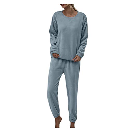 Nachtwäsche Damen Unifarben Zweiteiliges Set Bequem Fleece Hochwertiger Stoff Modischer Schlafanzüge für Damen Schlafanzug Damen Lang Freizeit Pyjama Damen Winter Warm Schlafanzug Damen (Blue, M) von Aoklidil