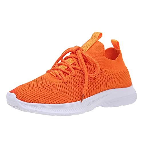 Sneaker Damen Sportschuhe Laufschuhe Damen Frühling und Sommer Damen Sportschuhe flacher Boden leicht fliegend gewebtes Mesh atmungsaktiv bequem einfarbig schnüren Sportschuhe Damen (Orange, 40) von Aoklidil