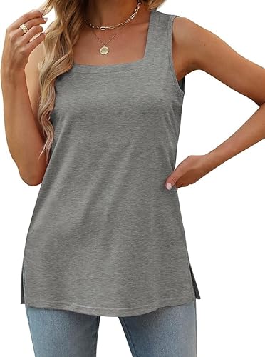 Aokosor Ärmellos T-Shirt Damen Tank Top Square Basic Tops Shirt mit Seitenschlitz Quadratischer Ausschnitt Grau L von Aokosor