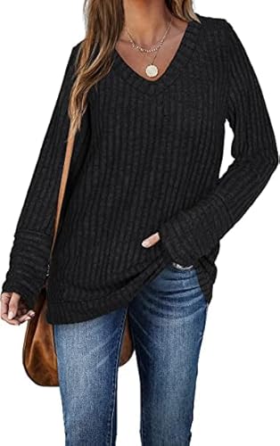 Aokosor Schwarz Pullover Damen V Ausschnitt Oberteile Herbst Leichte Strickpullover Oversize Langarmshirt Elegant für Winter XL von Aokosor