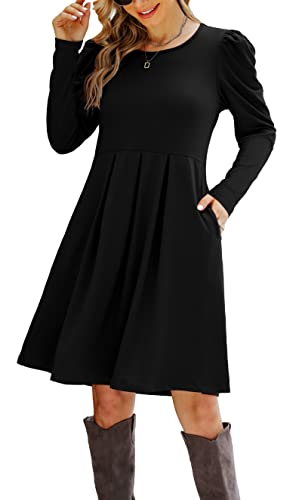 Aokosor Strickkleid Damen Herbst Kleider Damen Puffärmel Freizeitkleid Winterkleid mit Taschen Langarmkleid Pulloverkleid Festlich Rundhalsausschnitt Schwarz XL von Aokosor