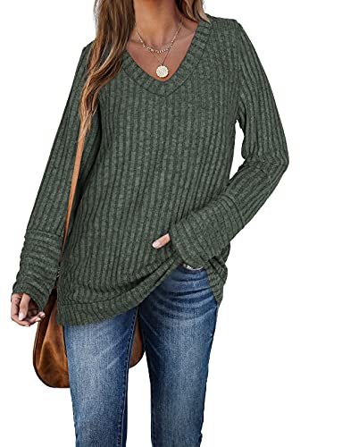 Aokosor Grün Pullover Damen Lang V Ausschnitt Strickpullover Herbst Oberteile Elegant Oversize Leichte Tunika LäSsige L von Aokosor