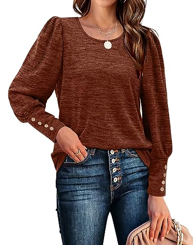 Aokosor Pullover Damen Rundhals Puffärmel Langarmshirts Casual Strickpullover mit Knöpfen Elegant Herbst Sweatshirt Oversize Oberteile Rotbraun M von Aokosor