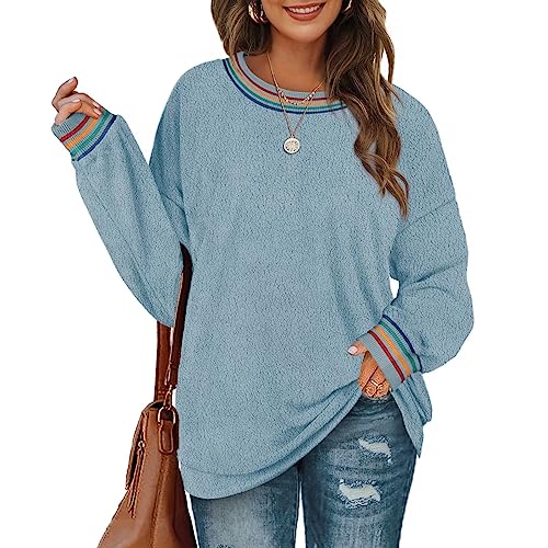 Aokosor Damen Sweatshirt ohne Kapuze Fleece Pullover Tunika Lang Fuzzy Sweater Dünn Oberteile Loose Fit Long Sleeve Shirt Langarmshirt Fleecejacken Polarfleece Rundhals Regenbogen Winter Blau S von Aokosor