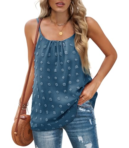 Aokosor Tank Top Damen Spaghetti Top Lang Camisole Summer T-Shirt Ärmellos Rundhals Oberteil unterhemd Damen Spaghettiträger Ladies Tops rückenfrei Loose Fit Chiffon Swiss Dot Blau XL von Aokosor