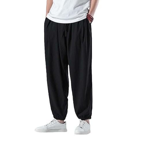 Baumwolle Leinen Haremshose Herren Baggy Pants Japanischer Stil Herren Schrittweite Hose mit weitem Bein Lässige lockere Hose Black XL Baumwolle Leinen Haremshose Herren Baggy Pants Japanischer Stil Herren Schrittweite Hose mit weitem Bein Lässige lockere Hose Black XL von Aoleaky