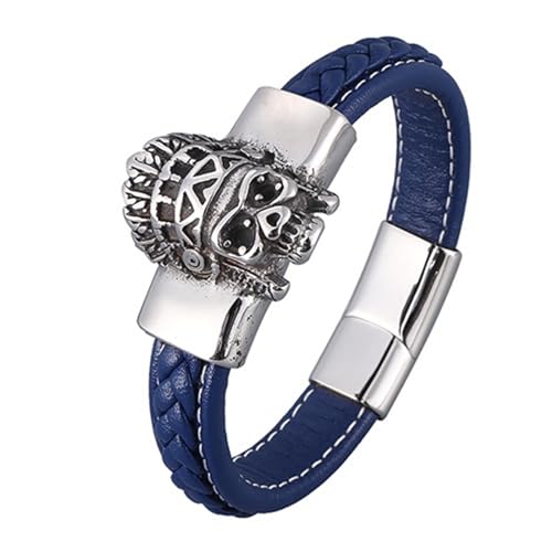 Aotiwe Armbänder für Herren Leder, Freundschaft Armband Lederarmreif mit Totenkopf Magnetschnalle Silber Blau Herren Armband Kette 20.5cm von Aotiwe