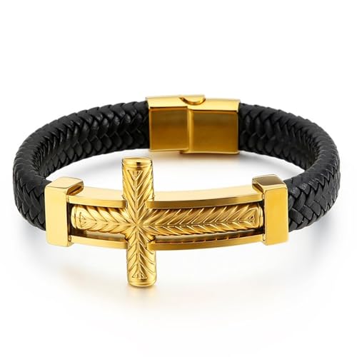 Aotiwe Armband Herren, Armbänder für Herren Gold Kreuzen Armband Männer Pu Leder 21cm Geschenk Hochzeit von Aotiwe