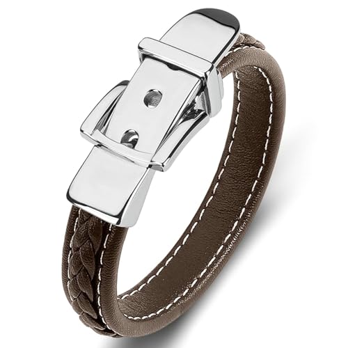 Aotiwe Armband Herren Lederband, Herren Armband Kette Gürtelschnalle Silber Braun Männer Armband Dünn 16.5cm von Aotiwe