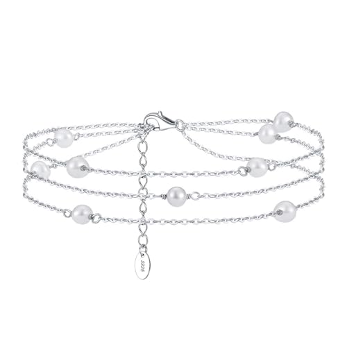 Aotiwe Boho Fußkettchen Silber, Fußkettchen Damen Kette mit Kleeblatt und Perle Fußkettchen Damen Band 925 Silber von Aotiwe