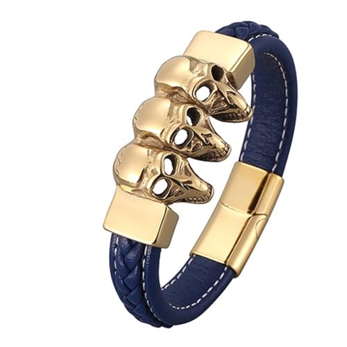 Aotiwe Bracelet Men, Männer Armband Geflochten 3 Totenkopf Lederarmbänder Gold Blau Herren Armband Breit Pu Leder 16.5cm von Aotiwe