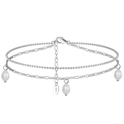 Aotiwe Fußkettchen für Damen Silber Set, Fußkettchen Boho Silber 925 2 Lagige Kette mit Perle Fußkette Damen Vintage von Aotiwe