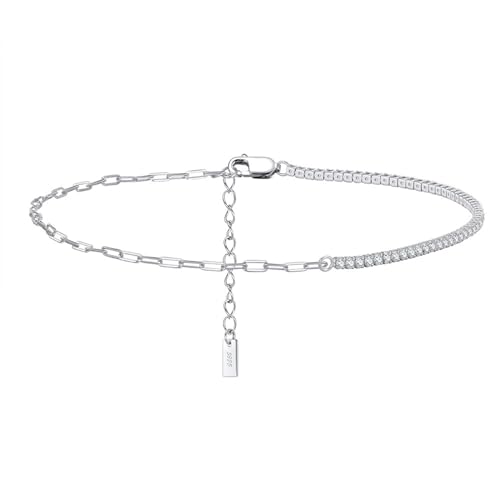 Aotiwe Fußkettchen für Damen Silber Set, Fußkettchen Damen 925 Büroklammer und Tenniskette Fußkette Boho Damen mit Weiß Rundschliff Zirkonia von Aotiwe