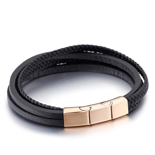 Aotiwe Geflochtenes Armband für Männer, Armband Schwarz Vintage Doppelmagnetschnalle Roségold Armband Herren Geflochten Pu Leder 21cm von Aotiwe