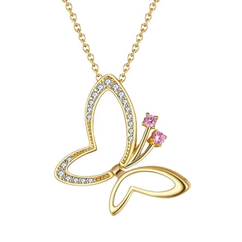 Aotiwe Gold Necklace Women, Damen Halsketten Schmetterlingsflügel Halsketten für Frauen mit Rosa Rundschliff Zirkonia 925 Silber von Aotiwe