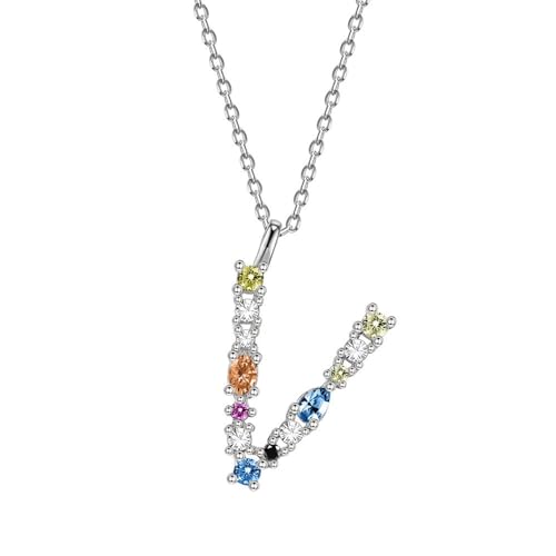 Aotiwe Halskette Silber Zart, Necklace Women Mom Buchstabe V Kette für Freundin mit Bunt Rundschliff Zirkonia 925 Silber von Aotiwe