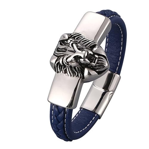 Aotiwe Herrenarmbänder, Armreif Herren Silber Löwenkopf Lederarmreif Blau Armbänder Männer Pu Leder 16.5cm von Aotiwe