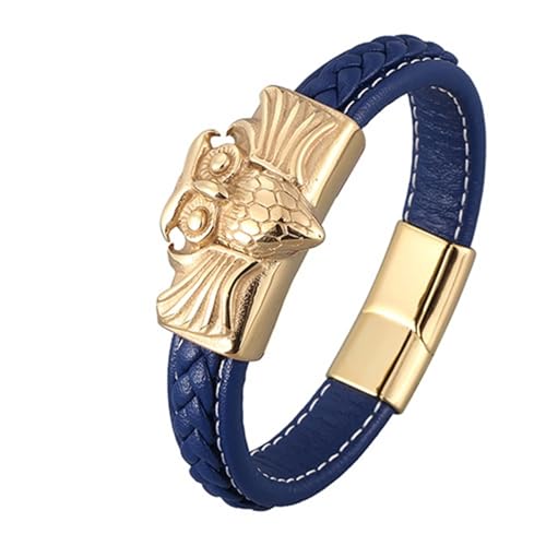 Aotiwe Lederarmband, Bracelet Men Gold Eulen Lederarmreif Blau Männer Armband 16.5cm Geschenk Opa Geburtstag von Aotiwe