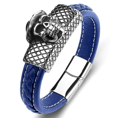 Aotiwe Mens Bracelet, Herren Armband Kette Schädel Blau Armbänder Männer Pu Leder 18.5cm von Aotiwe