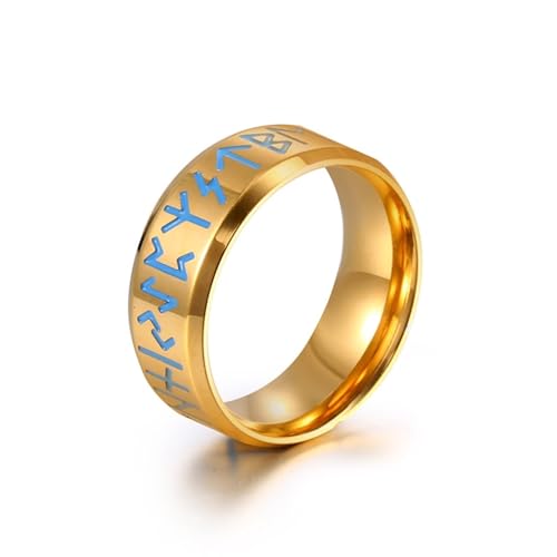 Aotiwe Ring Männer Dünn, Edelstahl Ringe Herren Breit 8mm mit Wikinger Symbolen Gold Matching Rings Größe 54 (17.2) von Aotiwe