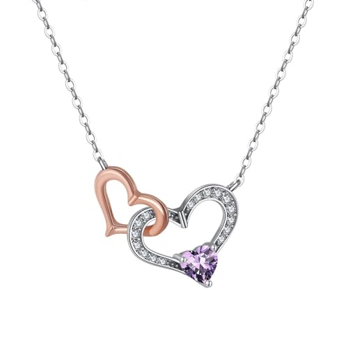 Damen Kette Modern, Damen Halsketten Doppelte Herzen Halskette Damen Zart Lila mit Amethyst 925 Silber 45+5cm von Aotiwe