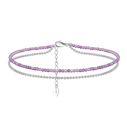 Fußkettchen Damen Lang, Damen Fusskette Silber 925 Set Perle und Stein Anklet Bracelet Women Silber Violett von Aotiwe