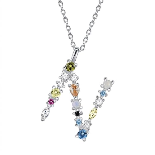 Aotiwe Silberkette Damen, Kette 925 Silber Damen Buchstabe N Collier Kette Damen mit Bunt Rundschliff Zirkonia von Aotiwe