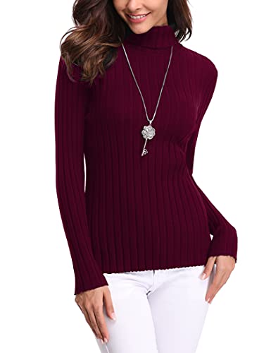 Aottori Damen Elegant Pullover Strickwaren Rollkragenpullover Hals Langarm Ribbed Strick Pullover Tops Weinrot XL von Aottori