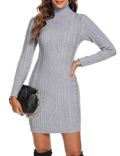 Aottori Damen Strickkleid Rollkragen Pulloverkleid Elegant Winterkleid Langarm Pullover Kleid Strickpullover Warm Pullikleid Freizeitkleider für Herbst Winter Grau XL von Aottori