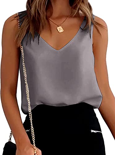 Aoulaydo Satin-Tanktops für Damen, lockere Passform, ärmellos, V-Ausschnitt, Camisole Blusen, Hemd-Oberteil, Silber / Hellgrau, Mittel von Aoulaydo