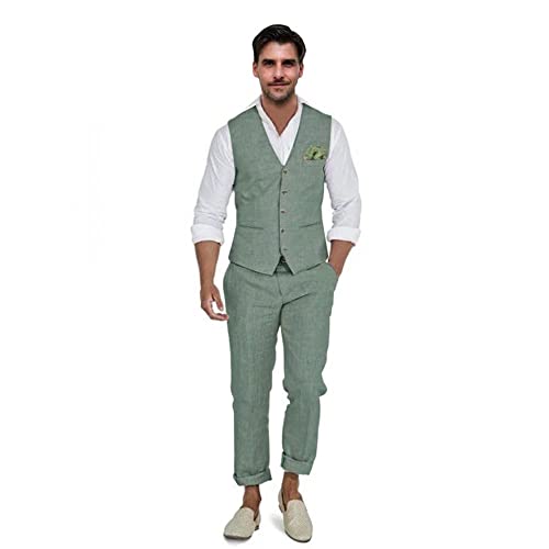 Herren Leinen Anzüge 2 Stück Slim Fit Anzug Abschlussball Smoking Strand Hochzeit Groomsman Weste & Hose Set Casual Sommer Leinen Outfit, Grün , L Herren Leinen Anzüge 2 Stück Slim Fit Anzug Abschlussball Smoking Strand Hochzeit Groomsman Weste & Hose Set Casual Sommer Leinen Outfit, Grün , L von Aowdoy