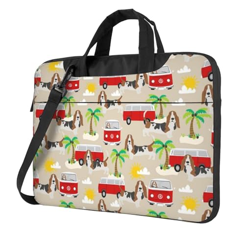 Apbdffjnf Basset Hound Hund Sommer Bus Palmen Laptoptasche für Damen und Herren, Laptophülle, Computertasche, Aktentasche, Schultertasche mit Gurt, 33 cm, 35,6 cm, 39,6 cm, Schwarz , 14 inch von Apbdffjnf