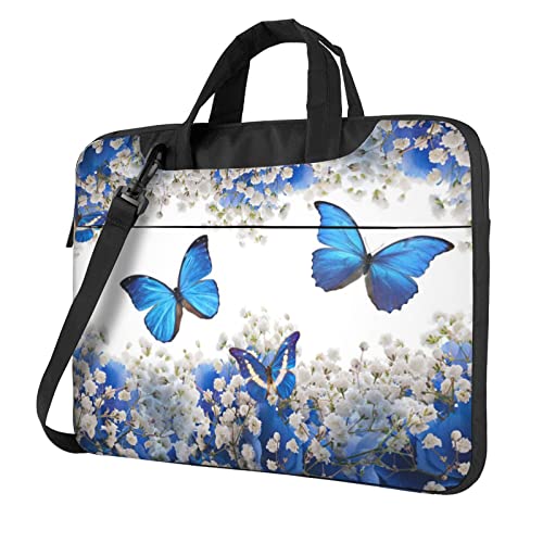 Apbdffjnf Laptoptasche für Damen und Herren, Laptoptasche, Aktentasche, Schultertasche, mit Gurt, 33 cm, 35,6 cm, Blau mit weißen Blumen, Schwarz , 14 inch von Apbdffjnf