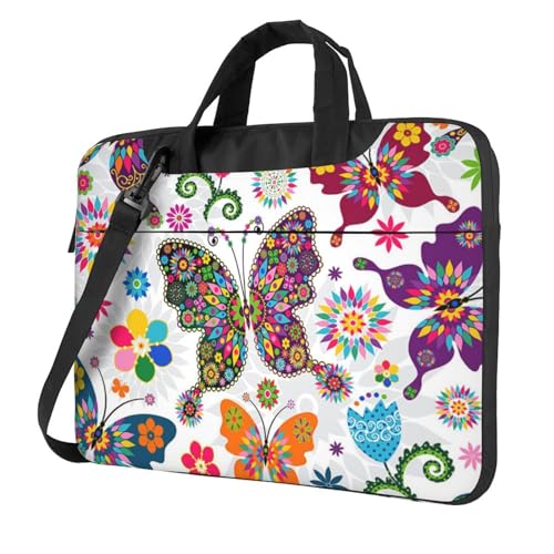 Apbdffjnf Laptoptasche mit buntem Schmetterlingsmuster, für Damen und Herren, Laptoptasche, Aktentasche, Schultertasche mit Gurt, 33 cm, 35,6 cm, 39,6 cm, Weiß, Schwarz , 15.6 inch von Apbdffjnf