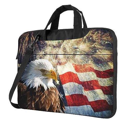 Laptoptasche mit amerikanischer Flagge, Adler, Feuerwerk, Laptoptasche, Computertasche, Aktentasche, Schultertasche mit Gurt, 33 cm, 35,6 cm, 39,6 cm, Schwarz , 13 inch von Apbdffjnf