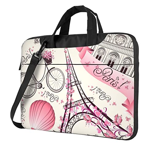 Romantische Paris Eiffelturm Fahrrad-Laptoptasche für Damen und Herren, Laptophülle, Computertasche, Aktentasche, Schultertasche mit Gurt, 33 cm, 35,6 cm, 39,6 cm, Schwarz , 15.6 inch von Apbdffjnf