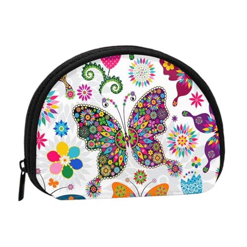 Skull Rock Roll Skelett Knochen Damen Mini Münzgeldbörse Geldbörse Reißverschluss Beutel für den täglichen Gebrauch und Geschenke, Weißes Blumenmuster, bunte Schmetterlinge, Einheitsgröße, Münztasche von Apbdffjnf