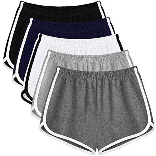 Apoway 5 Pack Baumwolle Yoga Shorts Athletic Dance Running Sports Short Breathable Workout Pants Dolphin Shorts für Damen, Schwarz, Dunkelgrau, Hellgrau, Grauweiß, Marineblau, Klein von Apoway