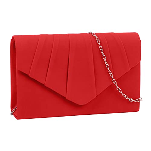 Abendtasche, Clutch aus Wildlederimitat, plissiertes Design, Clutch, Umschlag-Stil, Abend-Clutch, für Damen, Wildleder, Glitzer, Clutch mit Kette, für Party, Hochzeit, Wiedersehen, rot von Apradas