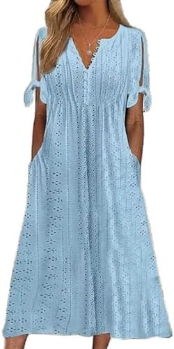 Apvirdy Damen Knopf V-Ausschnitt Sommer Maxikleid Krawatte Kurzarm Ösen Kleider Solide Lose Strandkleid mit Taschen Blau, Blau, Groß Apvirdy Damen Knopf V-Ausschnitt Sommer Maxikleid Krawatte Kurzarm Ösen Kleider Solide Lose Strandkleid mit Taschen Blau, Blau, Groß von Apvirdy