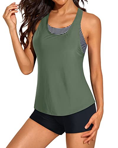 Aqua Eve 3-teilige Badeanzüge für Damen, athletisches Tankini-Top mit Jungen-Shorts und Sport-BH, bescheidener Badeanzug, Armee-Grün und Streifen, small von Aqua Eve