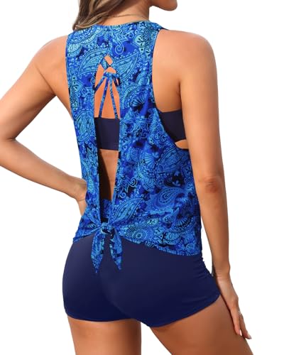 Aqua Eve 3-teiliger Tankini-Badeanzug für Damen, Tank-Badeanzug mit Shorts, offener Rücken, sportliche Bademode, Blaues Paisley, S Aqua Eve 3-teiliger Tankini-Badeanzug für Damen, Tank-Badeanzug mit Shorts, offener Rücken, sportliche Bademode, Blaues Paisley, S von Aqua Eve