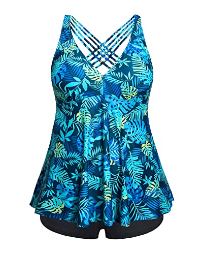 Aqua Eve Badeanzüge in Übergröße mit Shorts, zweiteiliger Tankini für Damen, fließende Badeanzüge, sportliche Bademode, Grünes, blaues Blatt, 22 Plus von Aqua Eve