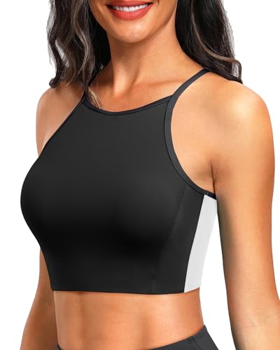 Aqua Eve Bauchfreies Damen-Badeoberteil, Sport-BH, Bikini-Oberteil, hoher Halsausschnitt, Badeanzug, Oberteil, Racerback, ohne Unterteil, schwarz und weiß, Medium von Aqua Eve