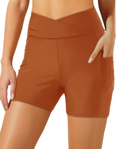 Aqua Eve Damen-Badeshorts, hohe Taille, Badehose, Kreuz-Taille, Jungen-Shorts mit Tasche, Biker-Shorts, Braun, Large von Aqua Eve