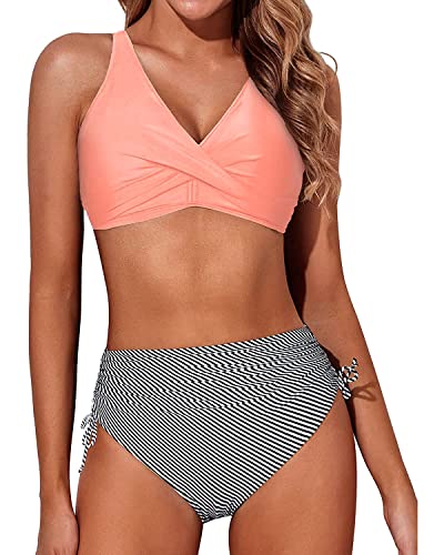 Aqua Eve Damen-Bikini, hohe Taille, gedrehte Vorderseite, Schnürung, Bikini-Top, gerüscht, Push-Up, 2-teiliger Badeanzug, rosa streifen, Large von Aqua Eve